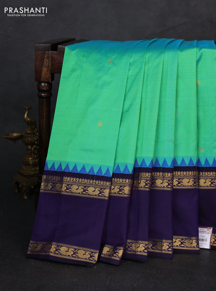 Pure narayanpet silk saree teal green and violet with zari woven buttas and long rettapet zari woven border