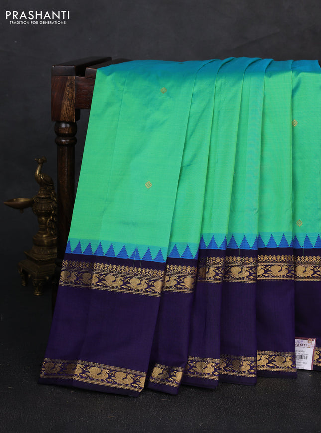 Pure narayanpet silk saree teal green and violet with zari woven buttas and long rettapet zari woven border