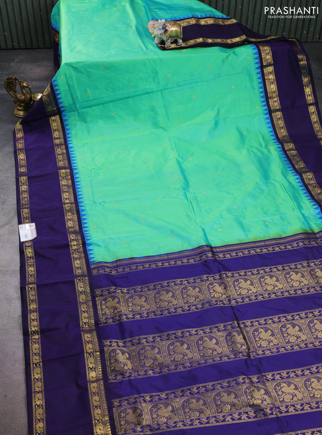 Pure narayanpet silk saree teal green and violet with zari woven buttas and long rettapet zari woven border