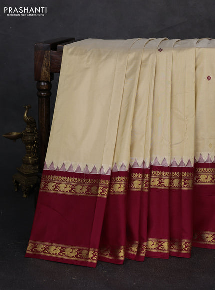 Pure narayanpet silk saree cream and maroon with zari woven buttas and long rettapet zari woven border
