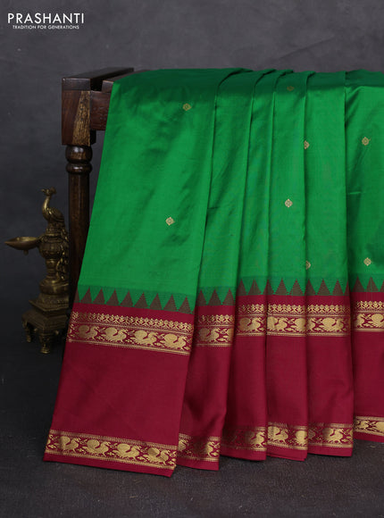 Pure narayanpet silk saree green and maroon with allover zari woven buttas and long rettapet zari woven border