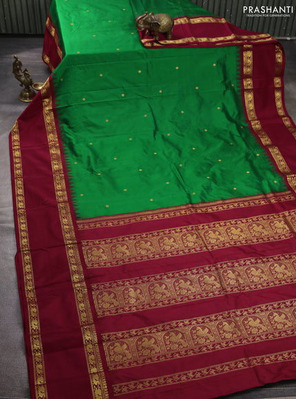 Pure narayanpet silk saree green and maroon with allover zari woven buttas and long rettapet zari woven border