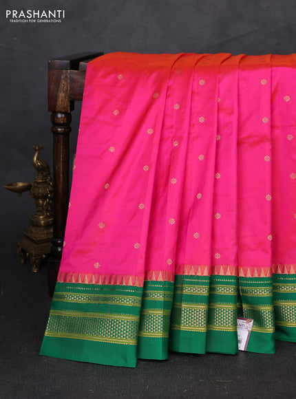 Pure narayanpet silk saree candy pink and green with allover zari woven buttas and zari woven border