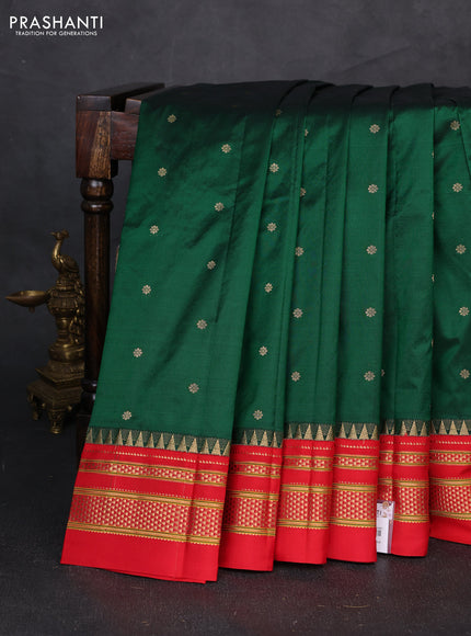 Pure narayanpet silk saree bottle green and red with allover zari woven buttas and zari woven border