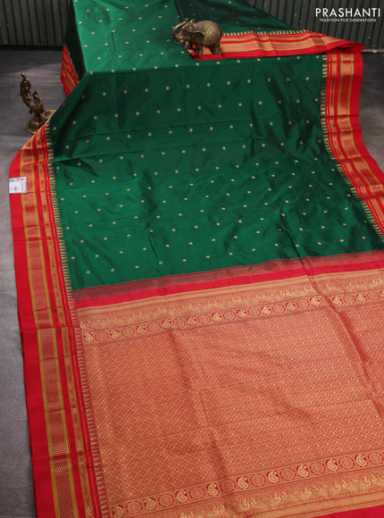Pure narayanpet silk saree bottle green and red with allover zari woven buttas and zari woven border