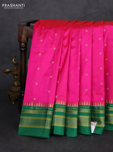 Pure narayanpet silk saree dark pink and green with allover zari woven buttas and zari woven border