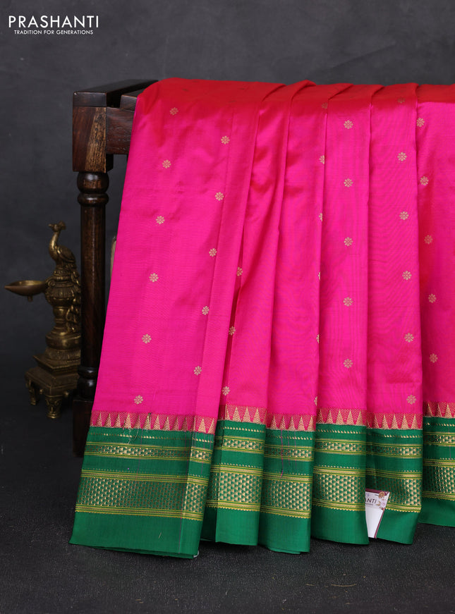 Pure narayanpet silk saree dark pink and green with allover zari woven buttas and zari woven border