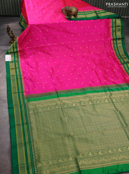 Pure narayanpet silk saree dark pink and green with allover zari woven buttas and zari woven border
