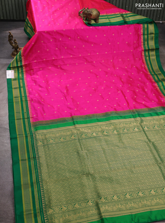 Pure narayanpet silk saree dark pink and green with allover zari woven buttas and zari woven border