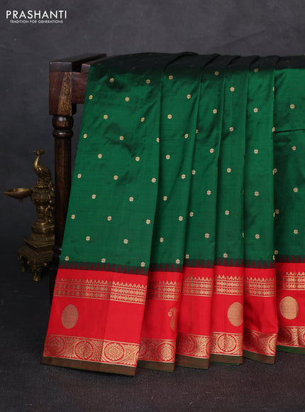 Pure narayanpet silk saree green and red with allover zari woven buttas and temple design rettapet zari woven butta border