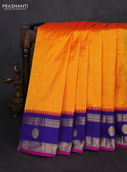 Pure narayanpet silk saree mango yellow and blue with allover zari woven buttas and temple design rettapet zari woven butta border