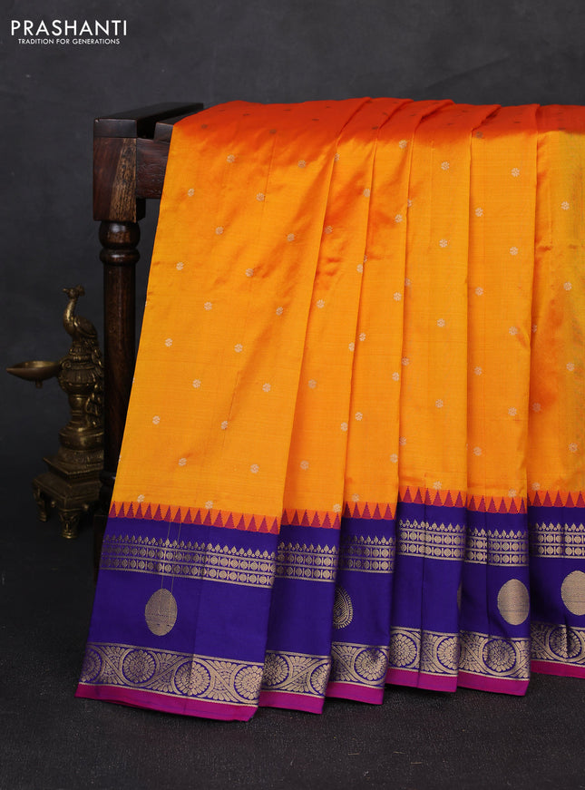 Pure narayanpet silk saree mango yellow and blue with allover zari woven buttas and temple design rettapet zari woven butta border