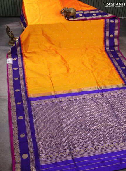 Pure narayanpet silk saree mango yellow and blue with allover zari woven buttas and temple design rettapet zari woven butta border