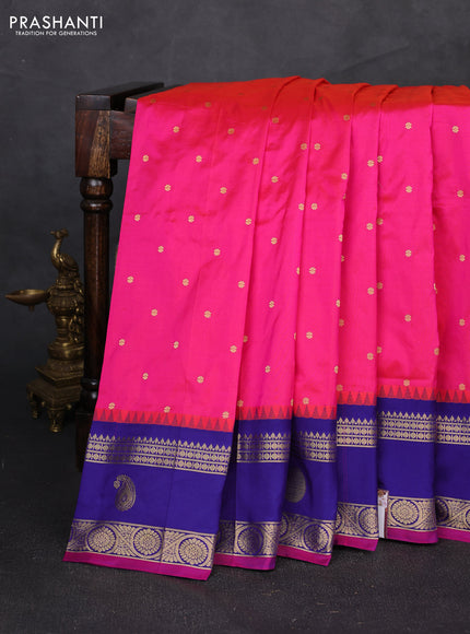 Pure narayanpet silk saree pink and blue with allover zari woven buttas and temple design rettapet zari woven butta border