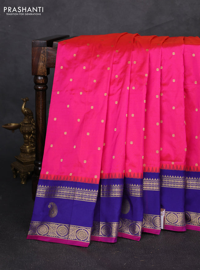Pure narayanpet silk saree pink and blue with allover zari woven buttas and temple design rettapet zari woven butta border