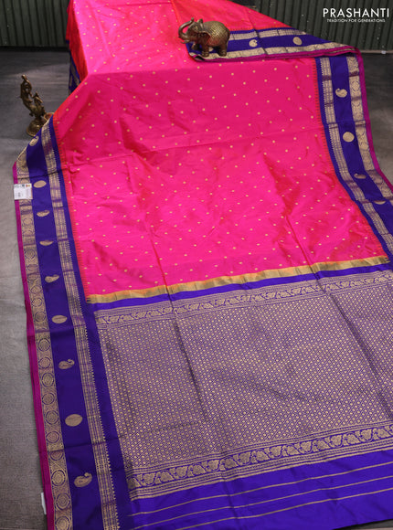 Pure narayanpet silk saree pink and blue with allover zari woven buttas and temple design rettapet zari woven butta border