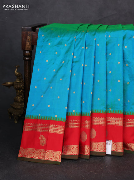 Pure narayanpet silk saree teal green and red with allover zari woven buttas and temple design zari woven border