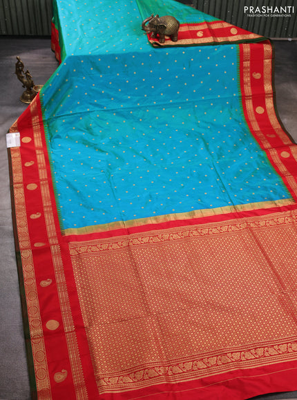 Pure narayanpet silk saree teal green and red with allover zari woven buttas and temple design zari woven border