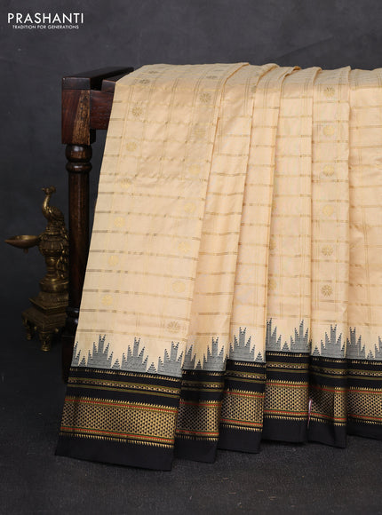 Pure narayanpet silk saree cream and black with allover zari checks & buttas and temple design zari woven border