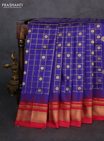 Pure narayanpet silk saree blue and red with allover zari checks & buttas and temple design zari woven border