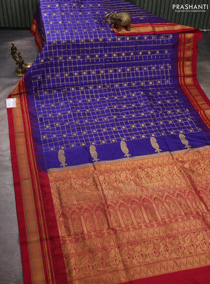 Pure narayanpet silk saree blue and red with allover zari checks & buttas and temple design zari woven border
