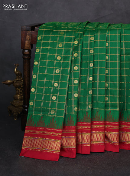 Pure narayanpet silk saree green and red with allover zari checks & buttas and temple design zari woven border