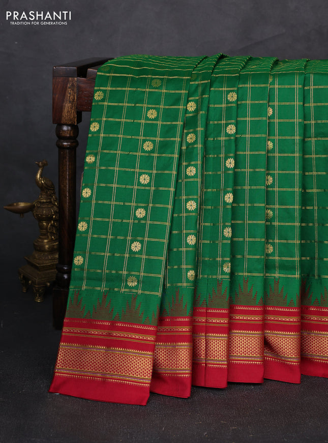 Pure narayanpet silk saree green and red with allover zari checks & buttas and temple design zari woven border