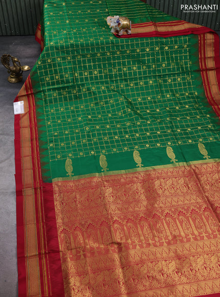 Pure narayanpet silk saree green and red with allover zari checks & buttas and temple design zari woven border
