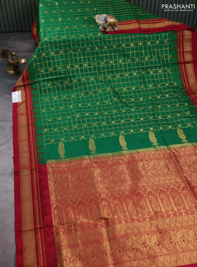 Pure narayanpet silk saree green and red with allover zari checks & buttas and temple design zari woven border