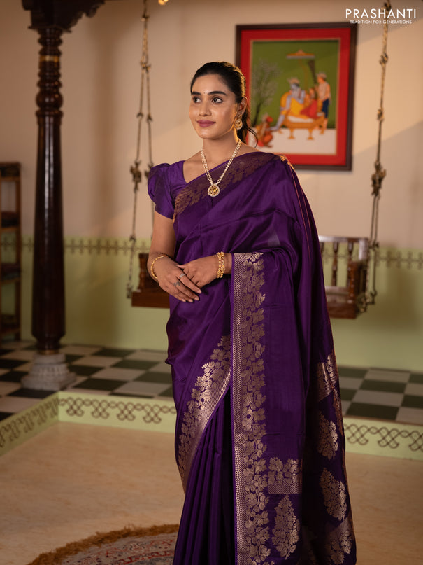 Dola silk saree purple with plain body and zari woven border