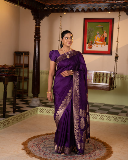 Dola silk saree purple with plain body and zari woven border
