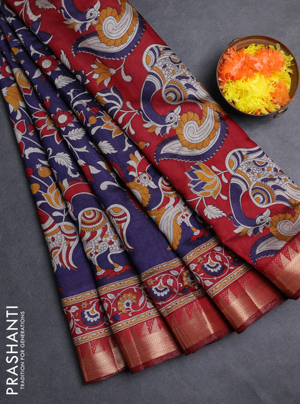 Semi maheshwari cotton saree navy blue and deep maroon with allover kalamkari prints and zari woven border