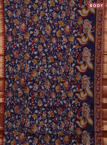 Semi maheshwari cotton saree navy blue and deep maroon with allover kalamkari prints and zari woven border