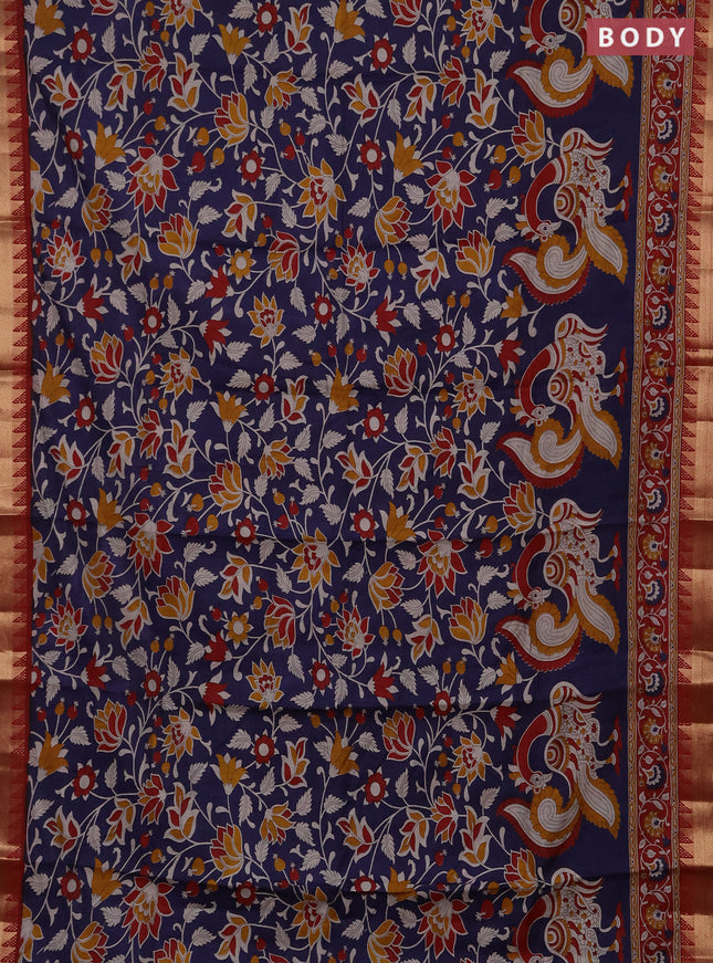 Semi maheshwari cotton saree navy blue and deep maroon with allover kalamkari prints and zari woven border