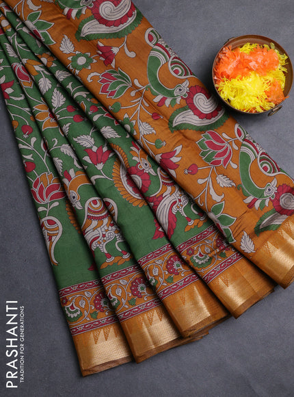 Semi maheshwari cotton saree green and mustard yellow with allover kalamkari prints and zari woven border
