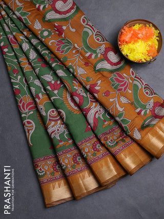 Semi maheshwari cotton saree green and mustard yellow with allover kalamkari prints and zari woven border