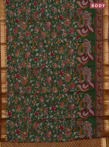 Semi maheshwari cotton saree green and mustard yellow with allover kalamkari prints and zari woven border