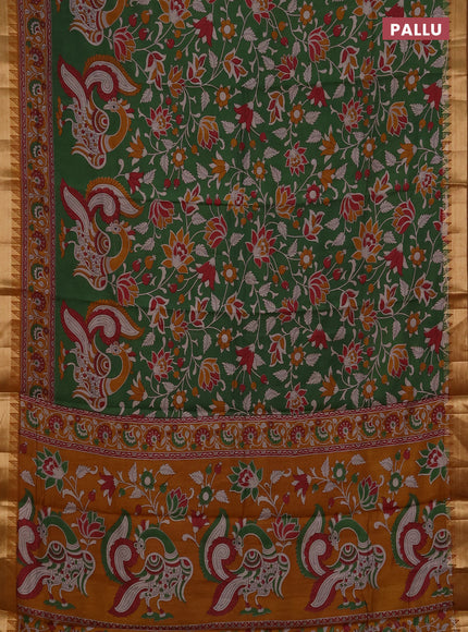 Semi maheshwari cotton saree green and mustard yellow with allover kalamkari prints and zari woven border