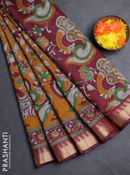 Semi maheshwari cotton saree mustard yellow and deep maroon with allover kalamkari prints and zari woven border