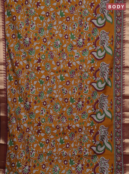 Semi maheshwari cotton saree mustard yellow and deep maroon with allover kalamkari prints and zari woven border