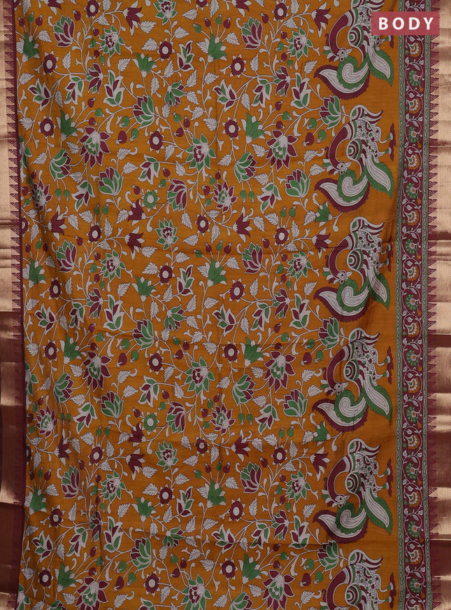 Semi maheshwari cotton saree mustard yellow and deep maroon with allover kalamkari prints and zari woven border