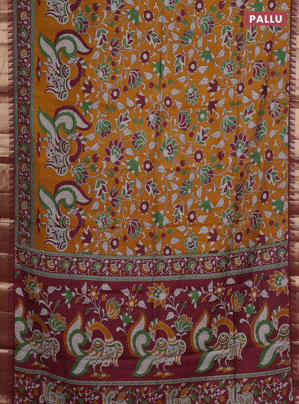 Semi maheshwari cotton saree mustard yellow and deep maroon with allover kalamkari prints and zari woven border