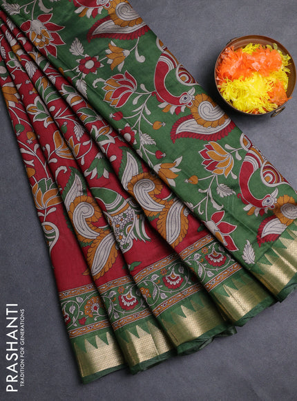 Semi maheshwari cotton saree maroon and green with allover kalamkari prints and zari woven border