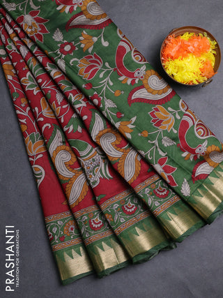 Semi maheshwari cotton saree maroon and green with allover kalamkari prints and zari woven border