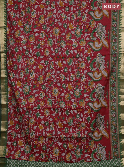Semi maheshwari cotton saree maroon and green with allover kalamkari prints and zari woven border