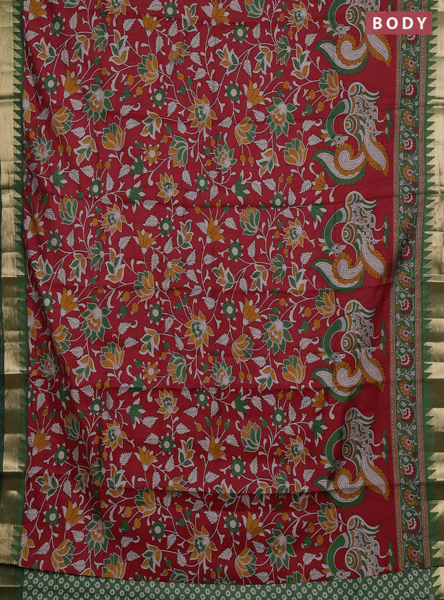Semi maheshwari cotton saree maroon and green with allover kalamkari prints and zari woven border