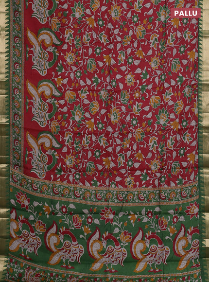 Semi maheshwari cotton saree maroon and green with allover kalamkari prints and zari woven border