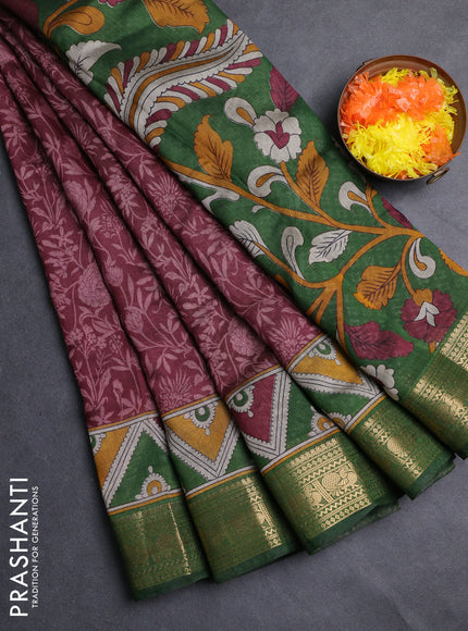 Semi maheshwari cotton saree wine shade and green with allover prints and zari woven border