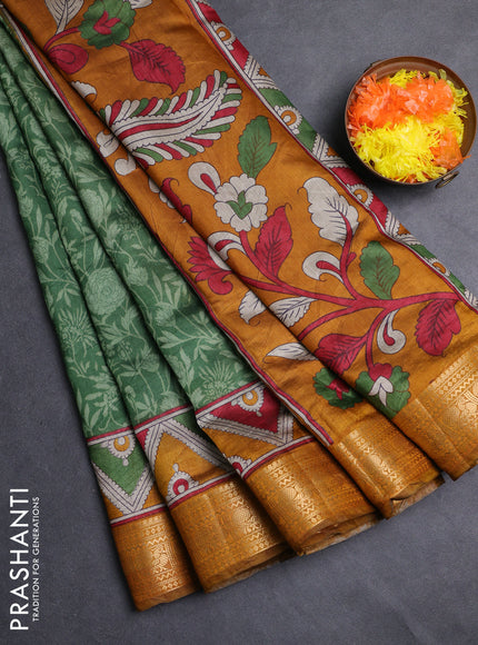 Semi maheshwari cotton saree green and mustard yellow with allover prints and zari woven border