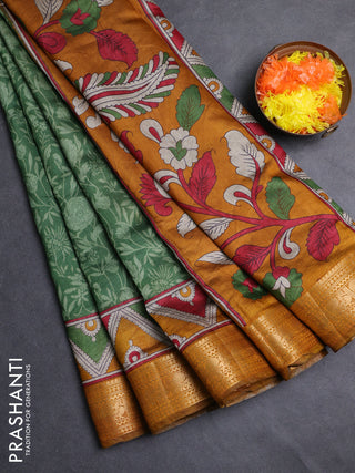 Semi maheshwari cotton saree green and mustard yellow with allover prints and zari woven border